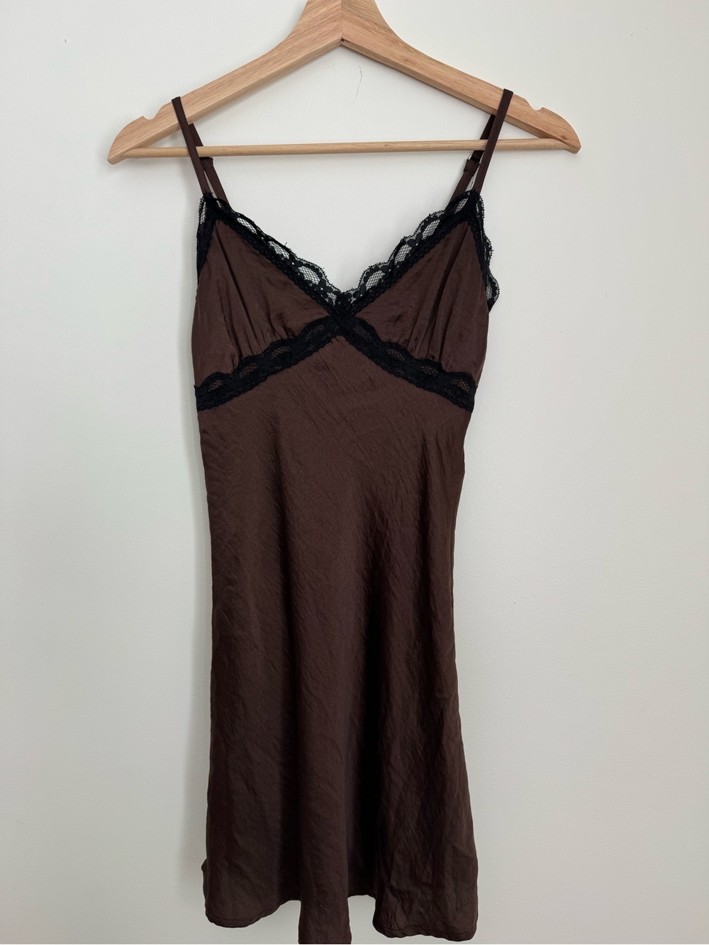 wild fable Brown Satin Chemise with Black Lace Trim